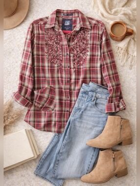 Uniqie Red Plaid Button-Up Shirt with Emblishments 19ptp